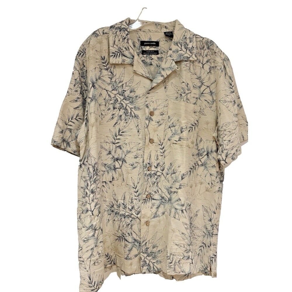Pierre Cardin Shirt Mens Medium 100% Silk Short Sleeve Camp Blue Tropical Print